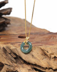Baikalla Natural Icy Deep Blue-Green Jadeite Jade "Ping An Kou" (Good Luck Button) Pendant W/ 18ky Gold Bail & Natural Diamonds
