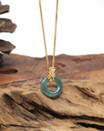 Baikalla Natural Icy Deep Blue-Green Jadeite Jade "Ping An Kou" (Good Luck Button) Pendant W/ 18ky Gold Bail & Natural Diamonds