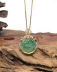 Baikalla Natural Icy Oil Green Jadeite Jade "RuYi" Pendant W/ 18ky Gold Bail & Natural Diamonds