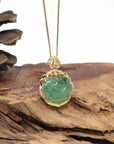 Baikalla Natural Icy Oil Green Jadeite Jade "RuYi" Pendant W/ 18ky Gold Bail & Natural Diamonds