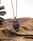 Baikalla Natural Black Wuji Jadeite Jade "Joy Bunny" Pendant W/ 14ky Gold Bail