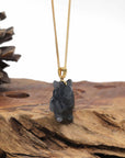 Baikalla Natural Black Wuji Jadeite Jade "Shadow Ghost" Pendant W/ 14k Gold Bail