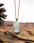 Baikalla Natural Apple-Green Patch Jadeite Jade "Lucky Kitty" Pendant W/ 14ky Gold Bail