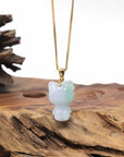 Baikalla Natural Apple-Green Patch Jadeite Jade "Lucky Kitty" Pendant W/ 14ky Gold Bail