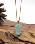 Baikalla Natural Icy Oil-Green Jadeite Jade "Lucky Kitty" Pendant W/ 14ky Gold Bail