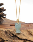 Baikalla Natural Icy Oil-Green Jadeite Jade "Lucky Kitty" Pendant W/ 14ky Gold Bail