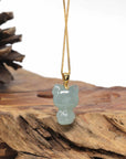 Baikalla Natural Icy Oil-Green Jadeite Jade "Lucky Kitty" Pendant W/ 14ky Gold Bail