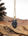 Baikalla Natural Black Wuji Jadeite Jade "Shadow Ghost" Pendant W/ 14ky Gold Bail