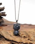 Baikalla Natural Black Wuji Jadeite Jade "Lucky Kitty" Pendant W/ 14kw Gold Bail