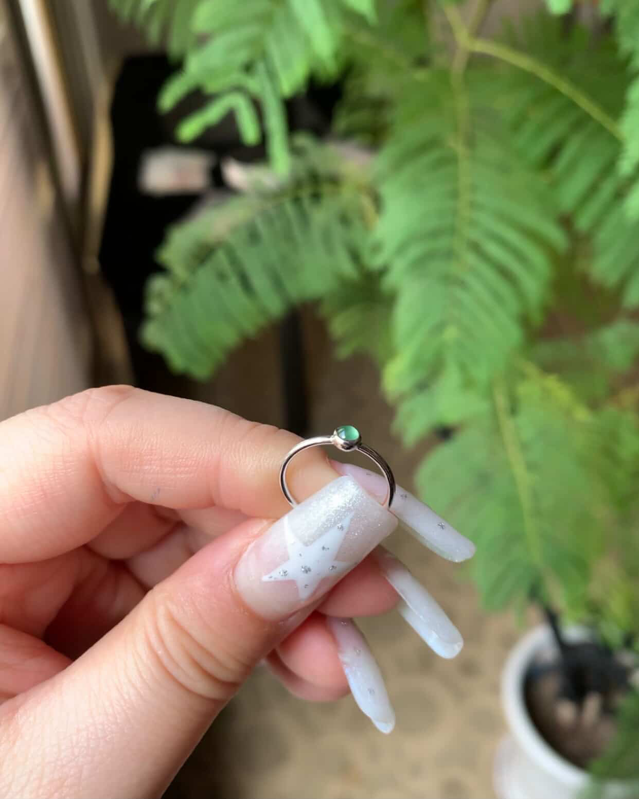 18K White Gold Custom Icy Green Cabochon Ring Gold Setting