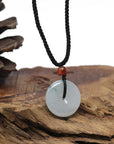 Baikalla Natural Icy Light Blue-Green Jadeite Jade "Ping An Kou" (Good Luck Button) Pendant Necklace