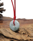 Baikalla Natural Deep Blue-Green Patches Jadeite Jade "Ping An Kou" (Good Luck Button) Pendant Necklace