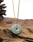 Baikalla Natural Blue-Green W/ Sajin (Golden Dust) Jadeite Jade "Ping An Kou" (Good Luck Button) Pendant Necklace