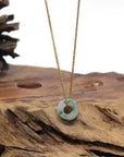 Baikalla Natural Icy Blue-Green Flower Jadeite Jade "Ping An Kou" (Good Luck Button) Pendant Necklace