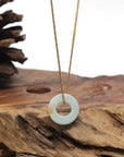 Baikalla Natural Light Green W/ Sajin (Golden Dust) Jadeite Jade "Ping An Kou" (Good Luck Button) Pendant Necklace