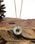 Baikalla Natural Light Green W/ Sajin (Golden Dust) Jadeite Jade "Ping An Kou" (Good Luck Button) Pendant Necklace