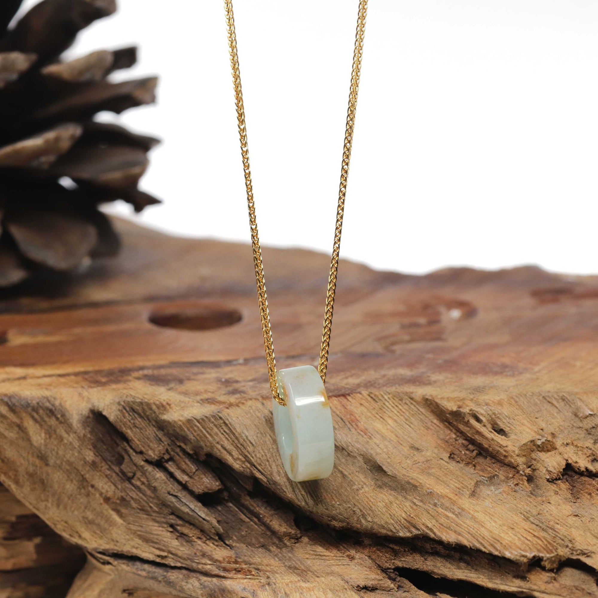 Baikalla Natural Light Green W/ Sajin (Golden Dust) Jadeite Jade "Ping An Kou" (Good Luck Button) Pendant Necklace