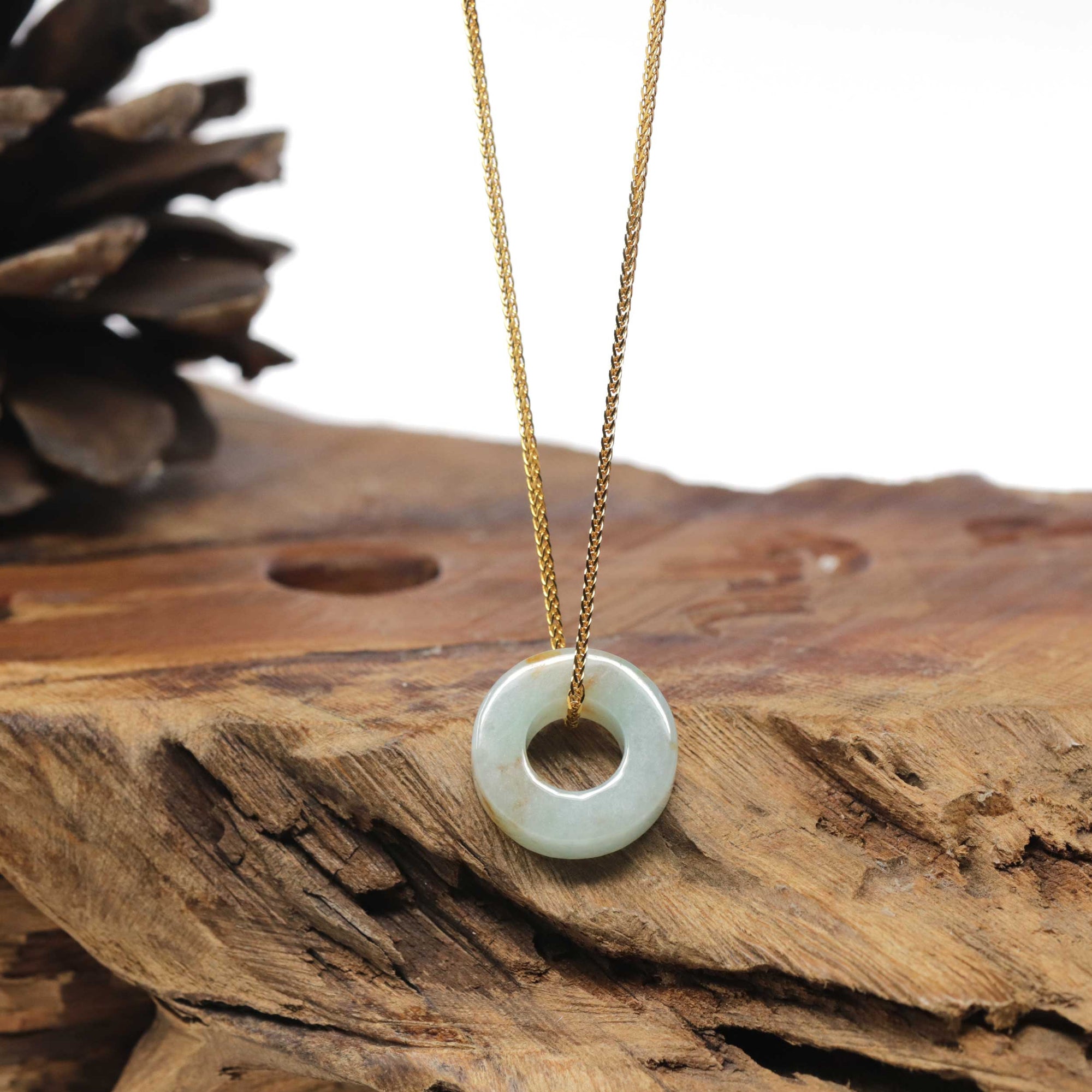 Baikalla Natural Light Green W/ Sajin (Golden Dust) Jadeite Jade "Ping An Kou" (Good Luck Button) Pendant Necklace