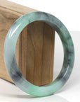 Baikalla Natural Vibrant Apple-Green & Black Wuji Jadeite Jade "Half Round" Bangle Bracelet (60.6mm) 