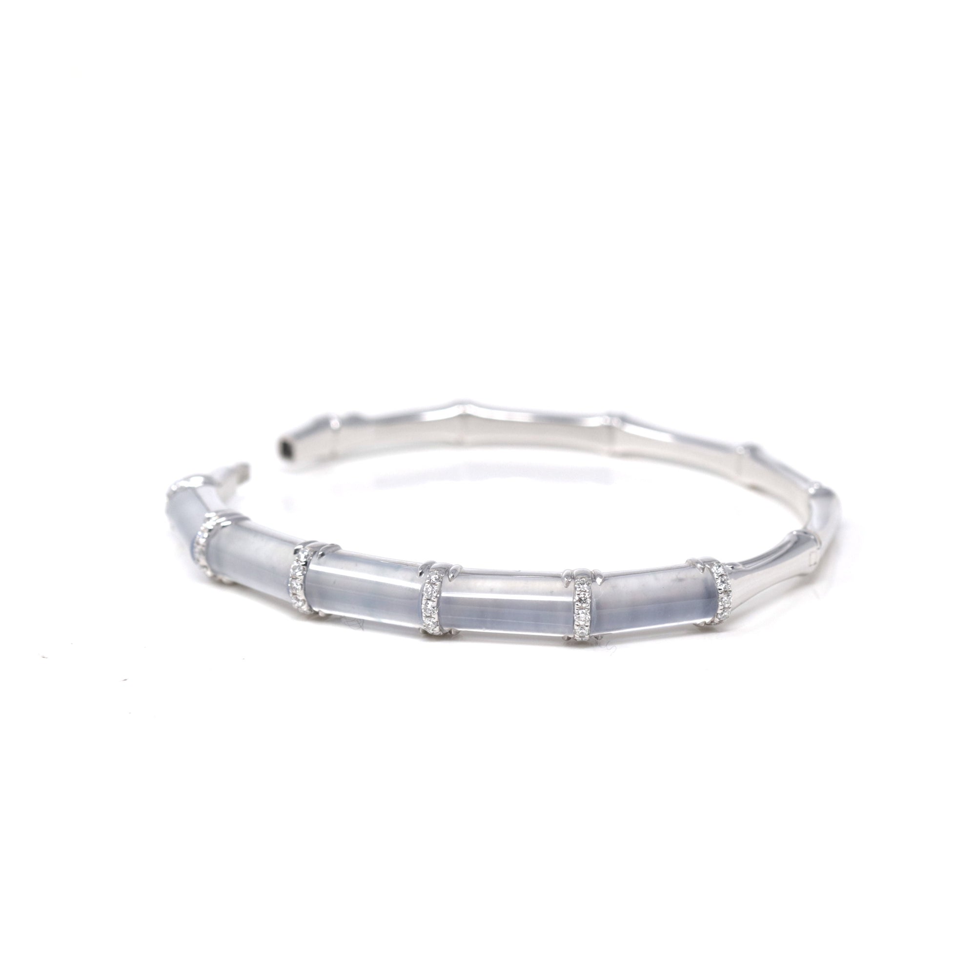 High-End Natural Icy Jadeite Jade 18kw Gold "Bamboo" Bangle Bracelet W/ Natural Diamonds