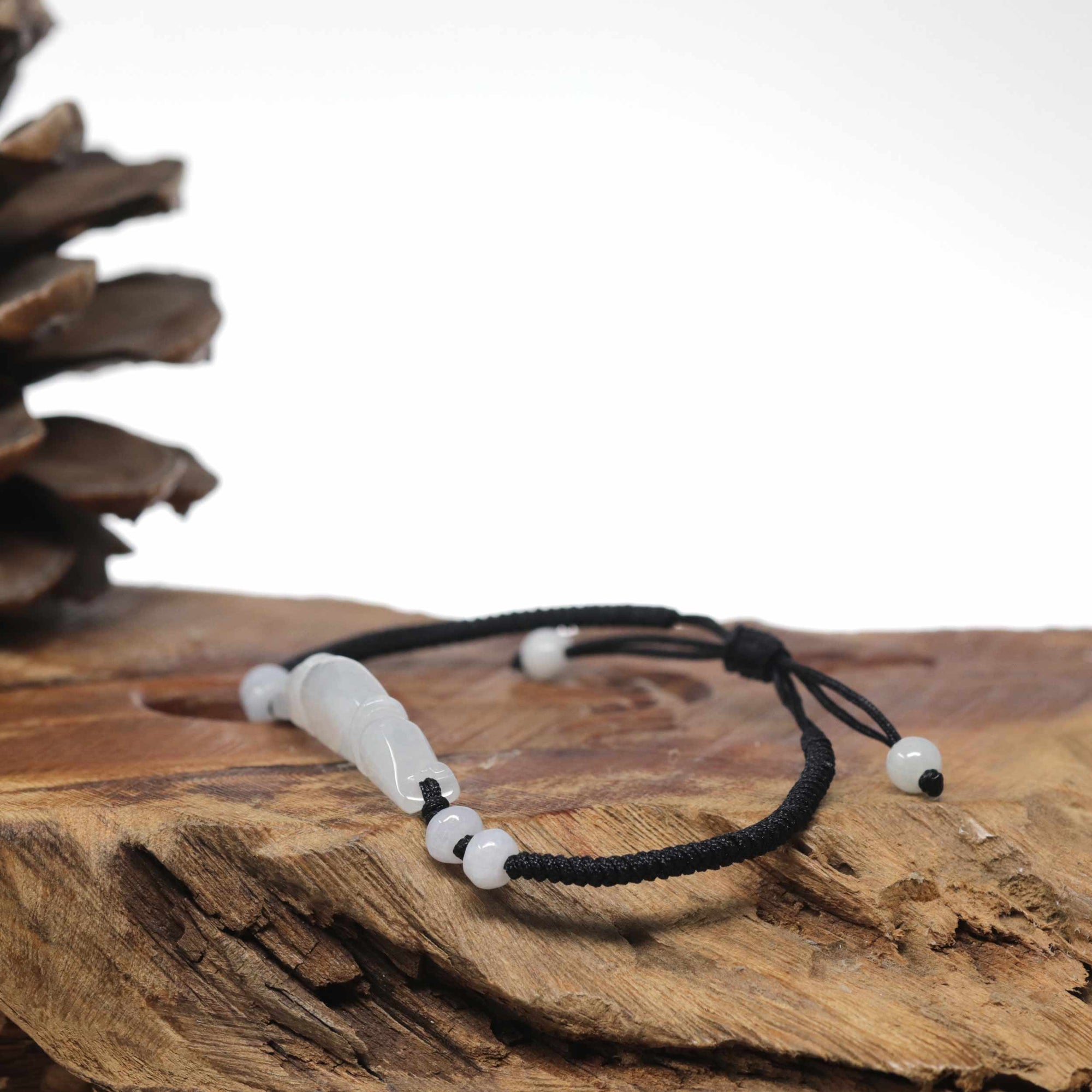 Natural Jadeite Jade "Lotus Root" Carving Braided Nylon Adjustable Drawstring Bracelet