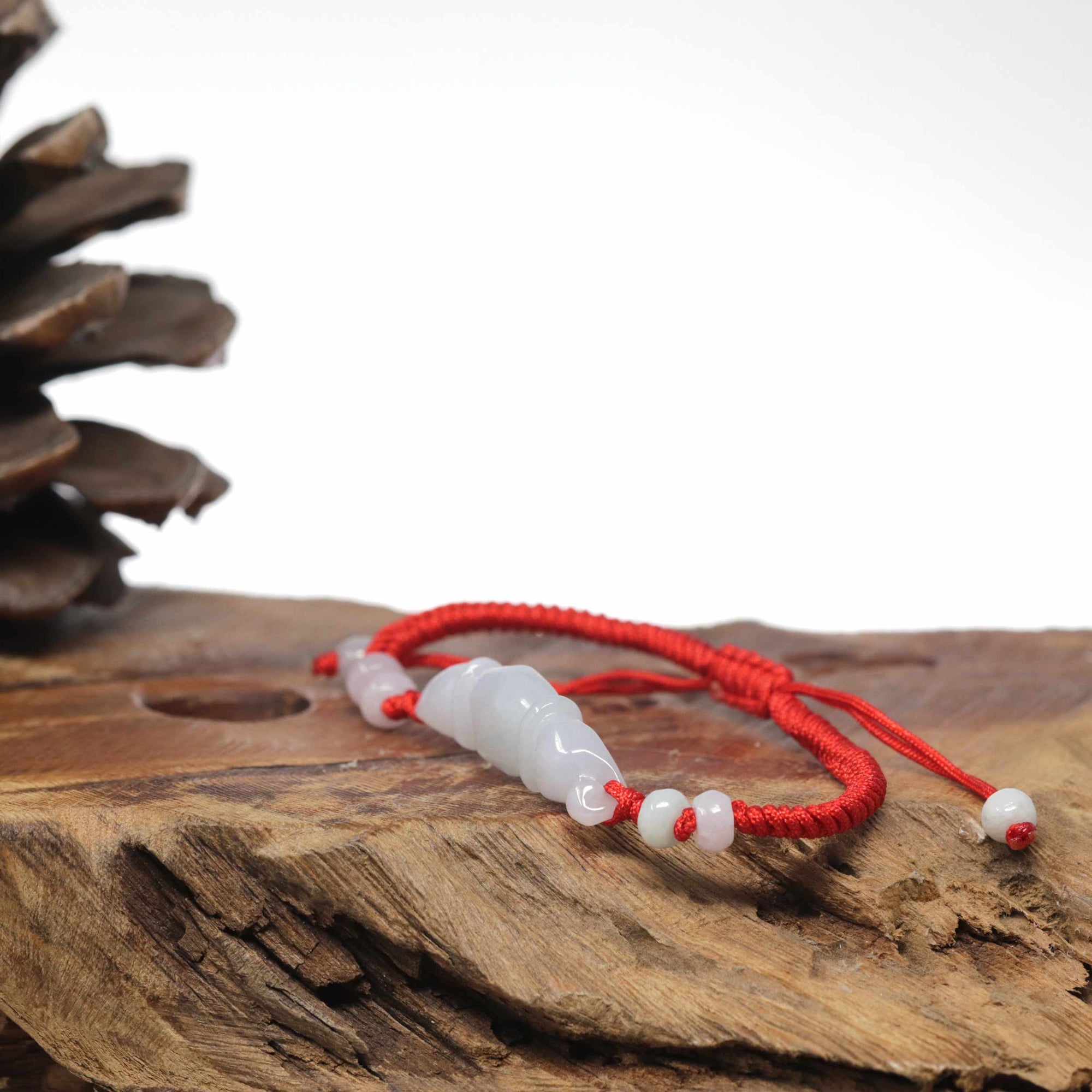 Natural Jadeite Jade "Lotus Root" Carving Braided Nylon Adjustable Drawstring Bracelet