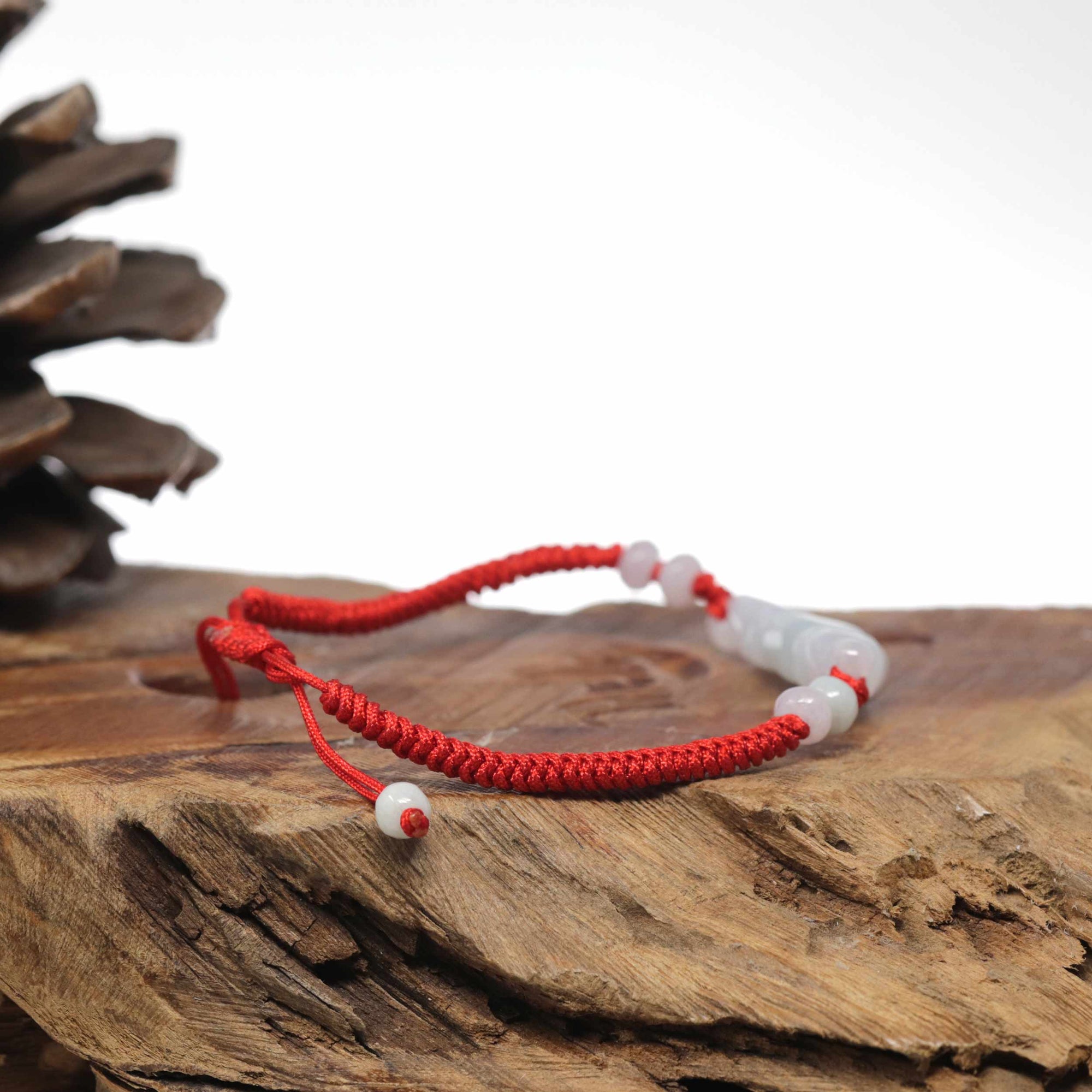 Natural Jadeite Jade "Lotus Root" Carving Braided Nylon Adjustable Drawstring Bracelet