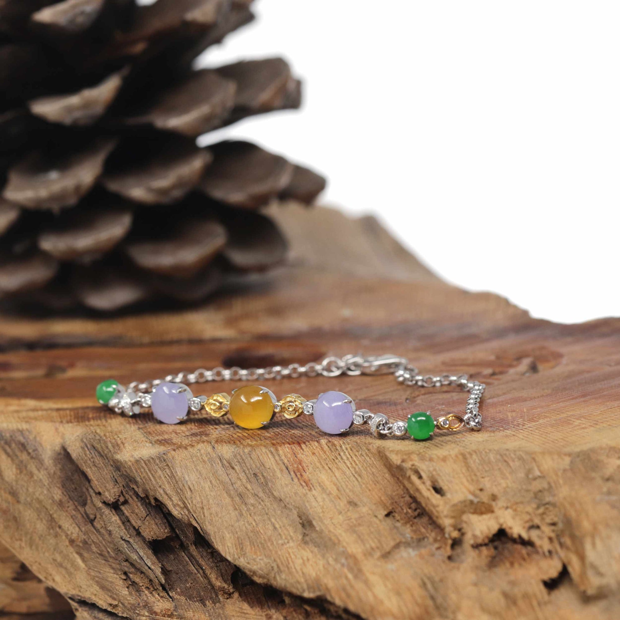 Baikalla Natural Multi-Color Jadeite Jade Cabochon 18kwy Gold Bracelet W/ Natural Diamonds
