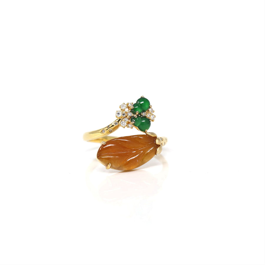 18k Yellow Gold Natural icy Yellow & Imperial Hulu Jadeite Jade By-Pass Ring w/ Natural Diamonds