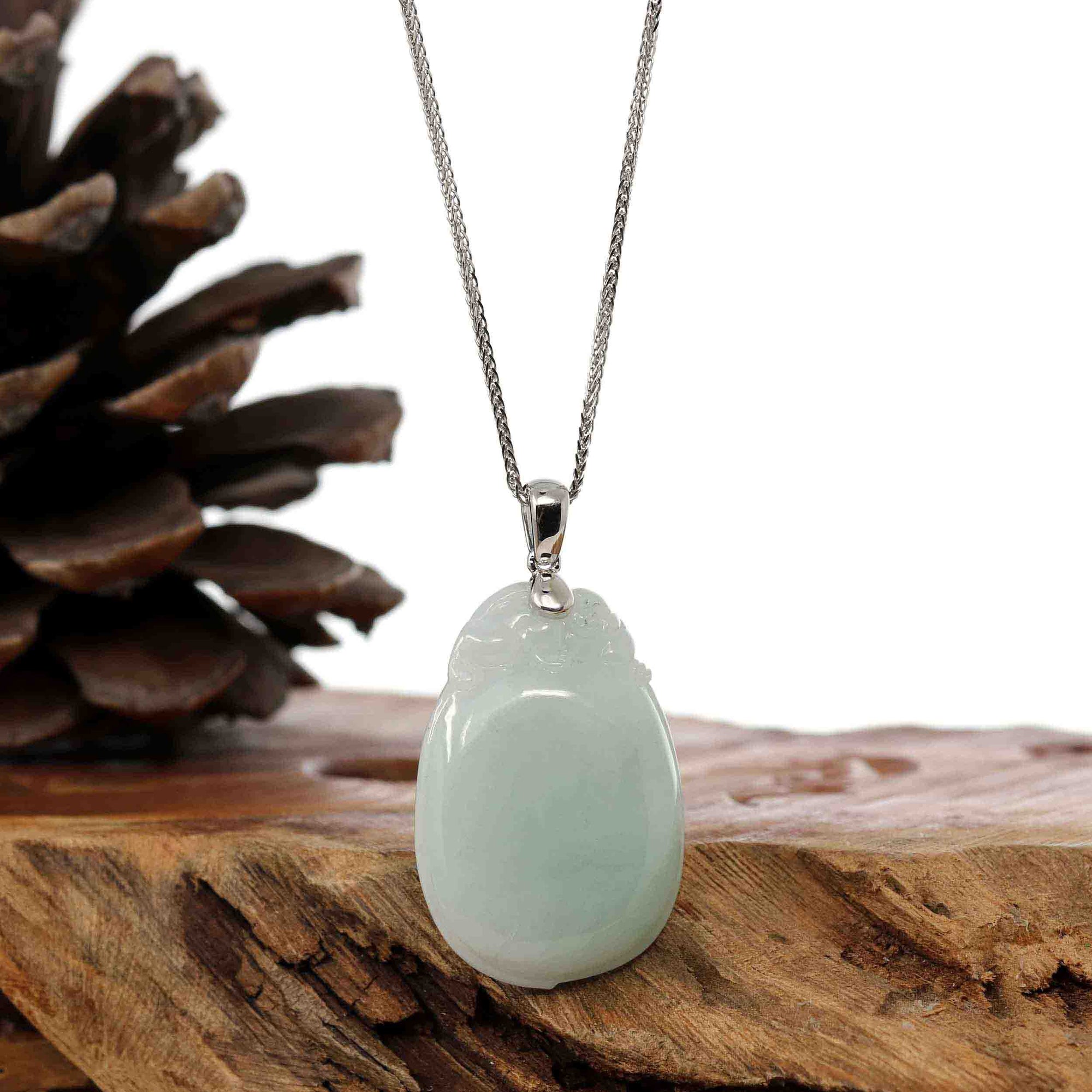 Baikalla Jewelry Jade Pendant Copy of Copy of "Shou Tao" (Longevity Peach) Natural Light green Jadeite Jade, Necklace With Silver Bail