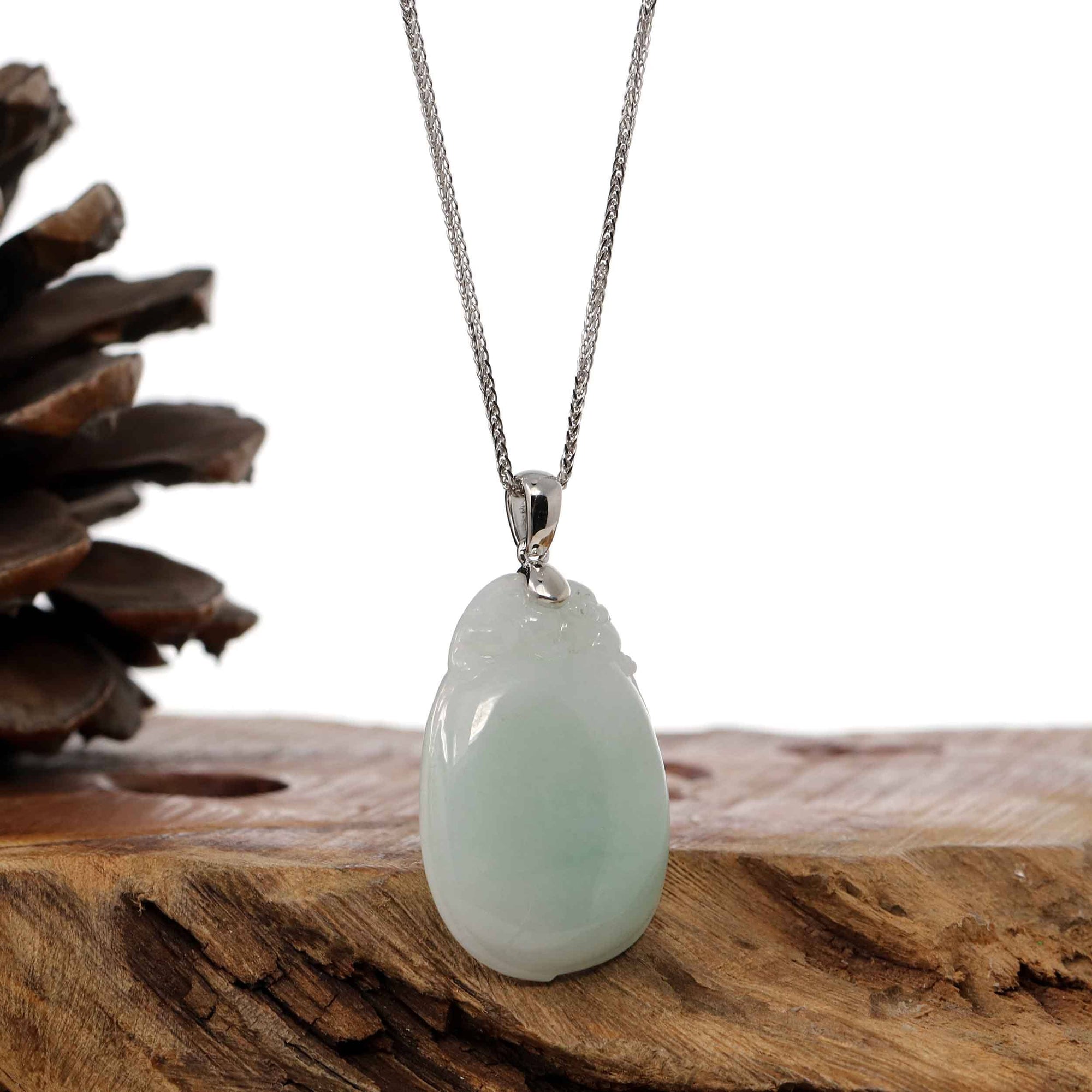 Baikalla Jewelry Jade Pendant Copy of Copy of "Shou Tao" (Longevity Peach) Natural Light green Jadeite Jade, Necklace With Silver Bail