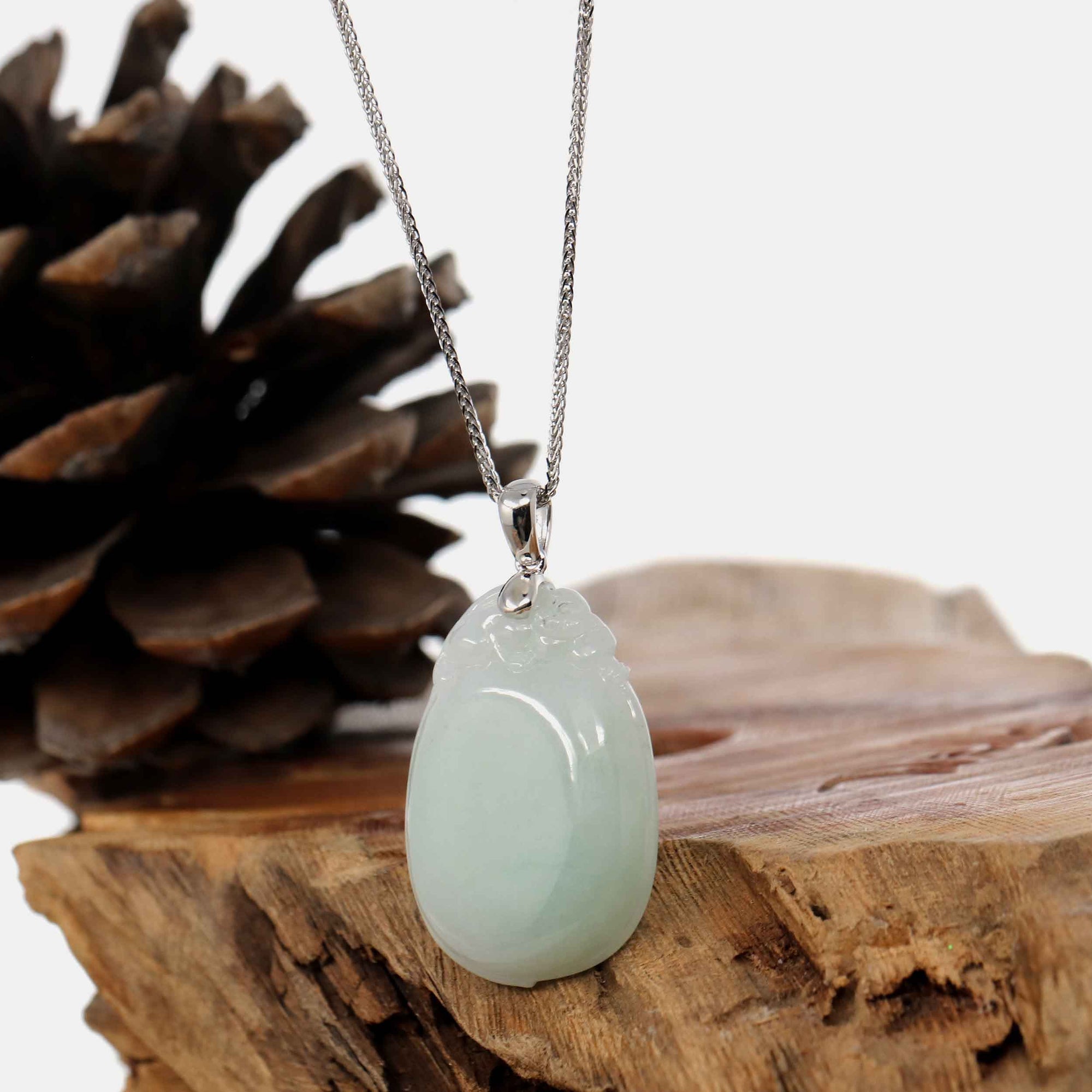 Baikalla Jewelry Jade Pendant Copy of Copy of "Shou Tao" (Longevity Peach) Natural Light green Jadeite Jade, Necklace With Silver Bail