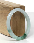 Baikalla Natural Icy Light Green W/ Deep Blue-Green Flowers Jadeite Jade "Petite Oval" Bangle Bracelet (54.7mm) 