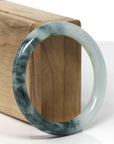 Baikalla Natural Icy Green & Deep Blue-Green Flowers Jadeite Jade "Traditional Round" Bangle Bracelet (55.1mm) 