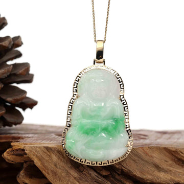 Baikalla Jewelry Jade Guanyin Pendant Necklace Nylon String Necklace Copy of Copy of Copy of "Goddess of Compassion" 14k Yellow Gold Genuine Burmese Jadeite Jade Guanyin Necklace With Good Luck Design