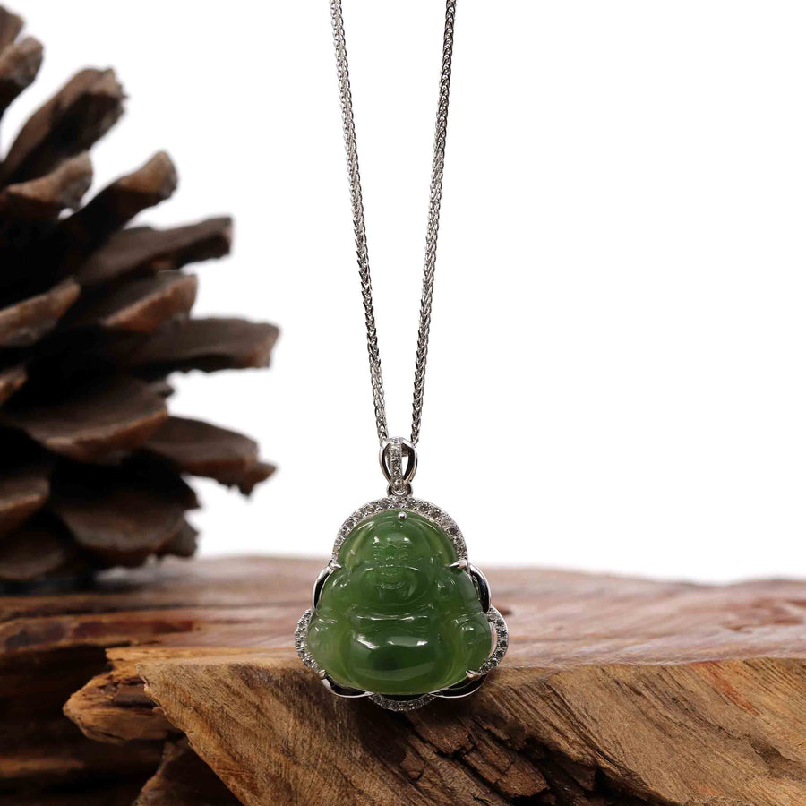 Baikalla™ Sterling Silver Genuine Nephrite Green Jade Small Buddha Pendant Necklace