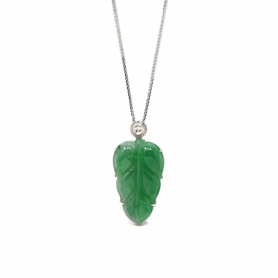 Baikalla Jewelry Jade Guanyin Pendant Necklace Copy of Copy of Copy of Genuine Ice Jadeite Jade Jin Zhi Yu Ye (Leaf) Necklace With Rose Gold VSI Diamond Bail
