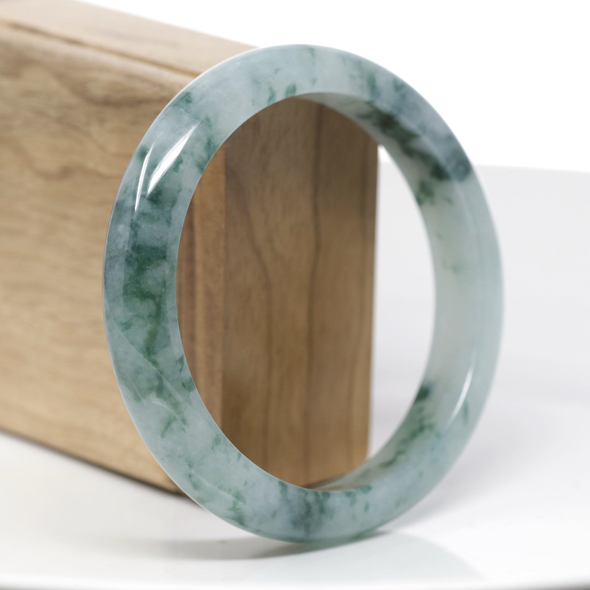 High-End Natural Icy Blue-Green Flower Jadeite Jade "Half Round" Bangle Bracelet (61.8mm) 