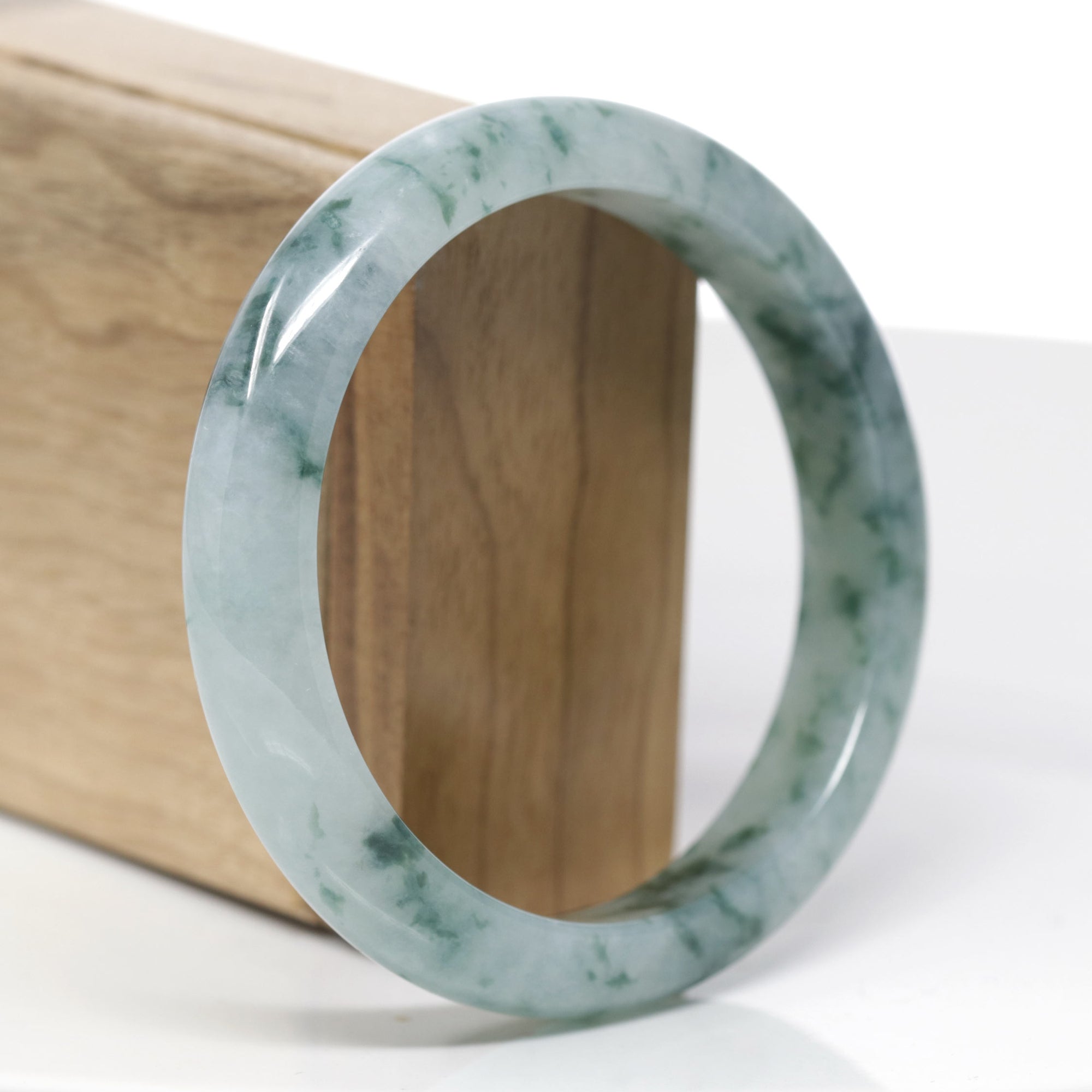 High-End Natural Icy Blue-Green Flower Jadeite Jade "Half Round" Bangle Bracelet (61.8mm) 