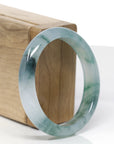 High-End Natural Icy Blue-Green Flower Jadeite Jade "Oval" Bangle Bracelet (56.7mm) 