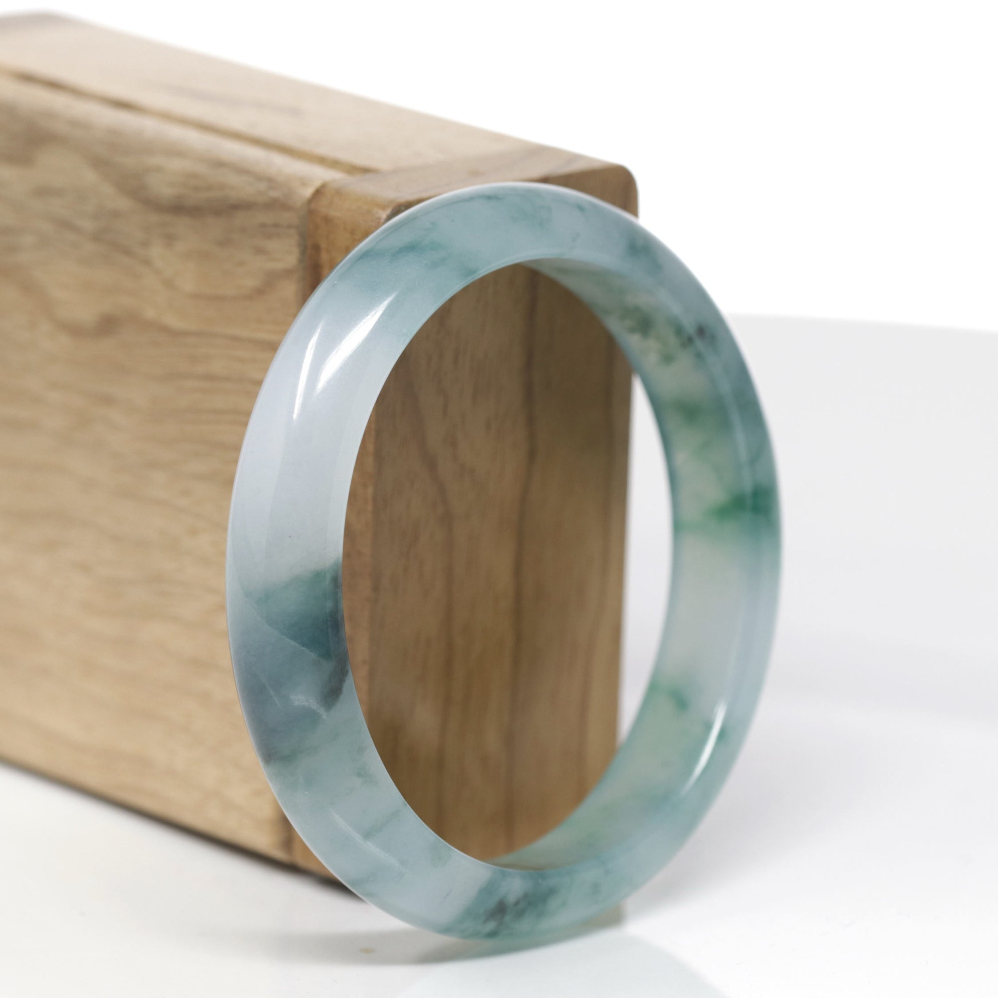 High-End Natural Icy Blue-Green Flower Jadeite Jade "Oval" Bangle Bracelet (56.7mm) 