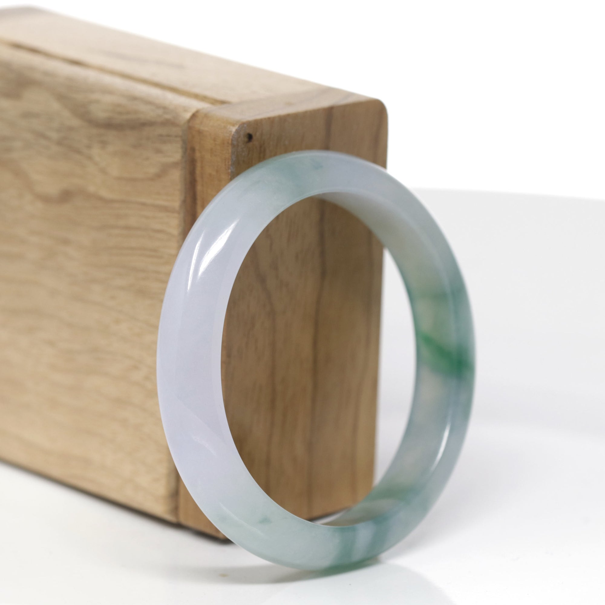 High-End Natural Icy Blue-Green Flower &amp; Light Lavender Jadeite Jade "Oval" Bangle Bracelet (51.1mm) 