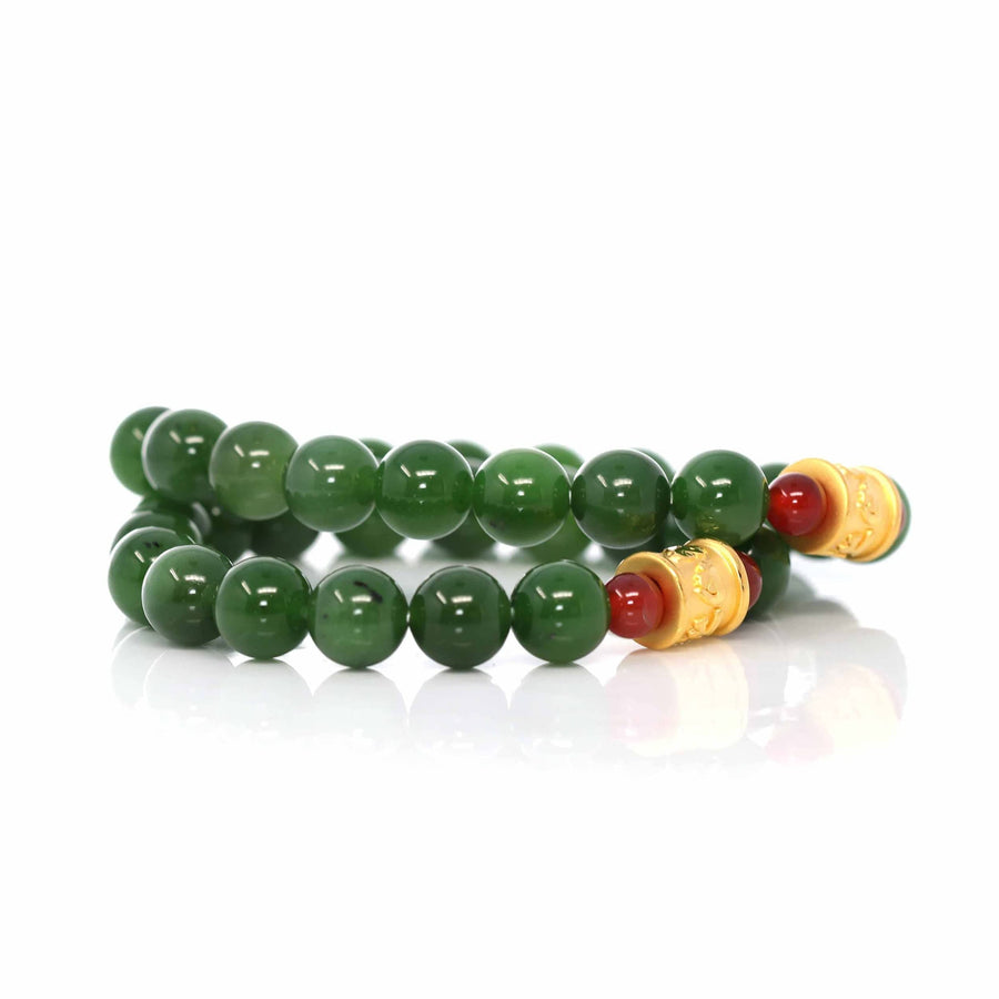 Baikalla Jewelry jade beads bracelet 24K Pure Yellow Gold Buddha Symbol Tongtong With Genuine Green Jade Round Beads Bracelet Bangle ( 9.5 mm )