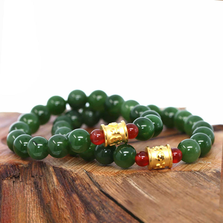 Baikalla Jewelry jade beads bracelet 24K Pure Yellow Gold Buddha Symbol Tongtong With Genuine Green Jade Round Beads Bracelet Bangle ( 9.5 mm )