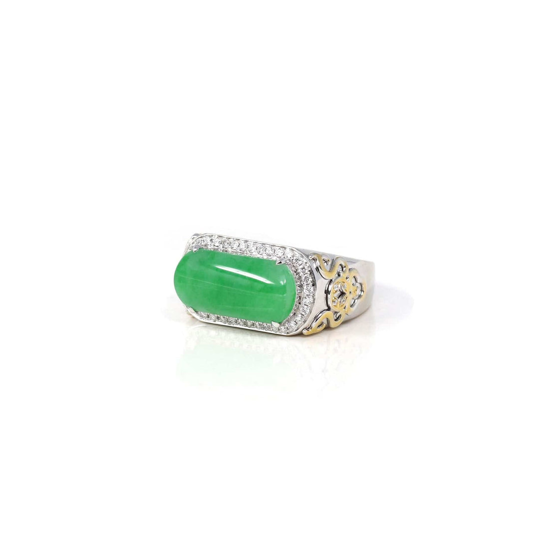 Baikalla Jewelry Jadeite Engagement Ring Copy of Baikalla 18k White 2 Tone Gold Natural Imperial Green Jadeite Jade  Men's Ring With Diamonds