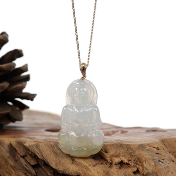 Baikalla Jewelry Jade Guanyin Pendant Necklace Copy of "Goddess of Compassion" 14k Yellow Gold Genuine Burmese Jadeite Jade Guanyin Necklace With Good Luck Design