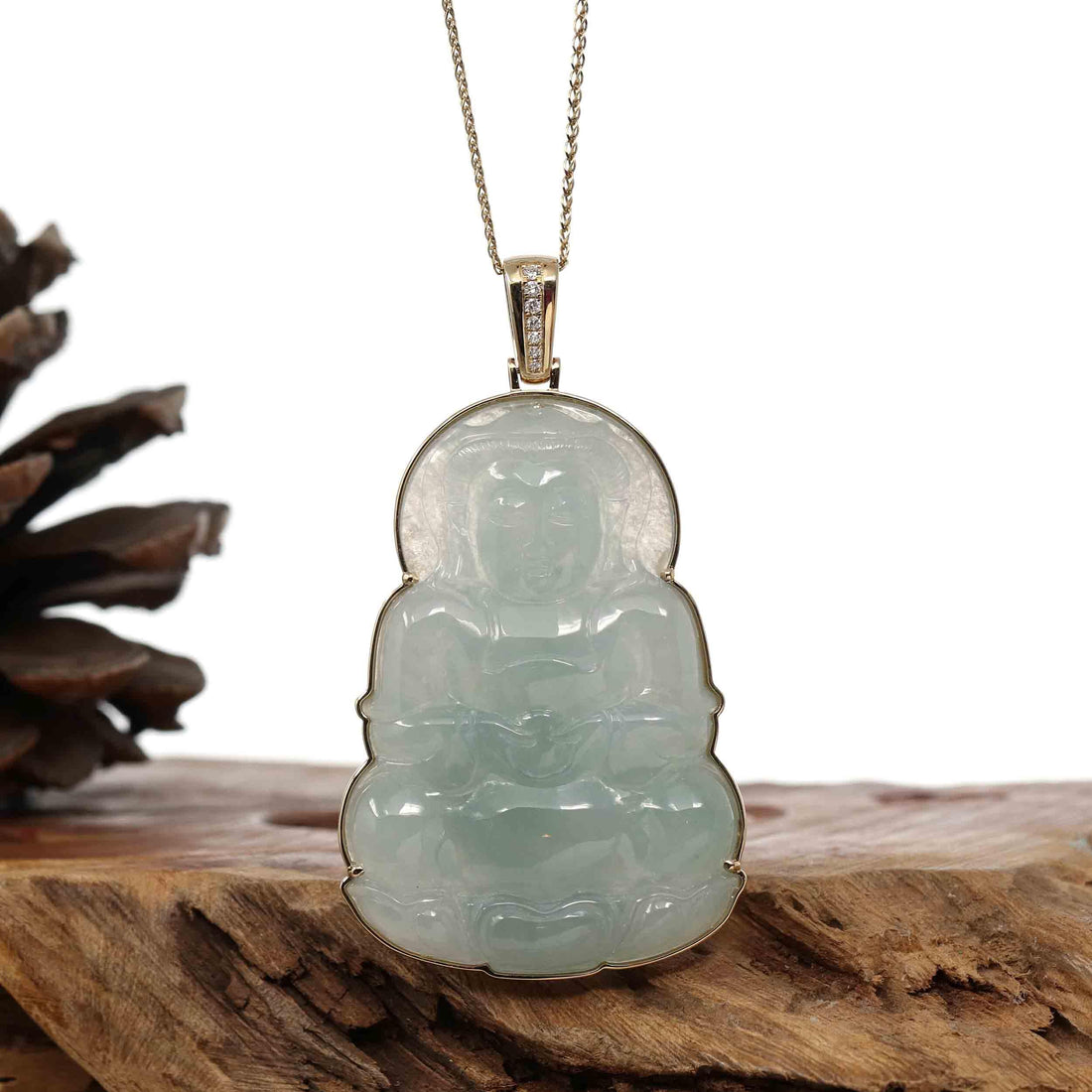 Baikalla Jewelry Jade Guanyin Pendant Necklace Copy of "Goddess of Compassion" 14k Yellow Gold Genuine Burmese Jadeite Jade Guanyin Necklace With Good Luck Design