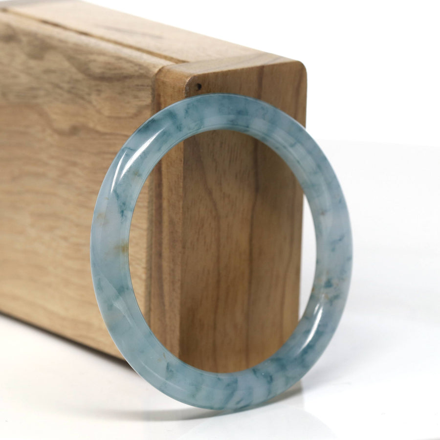 High-End Icy Blue Flower Natural Burmese Jadeite Jade Bangle – Full Round 51mm, T923