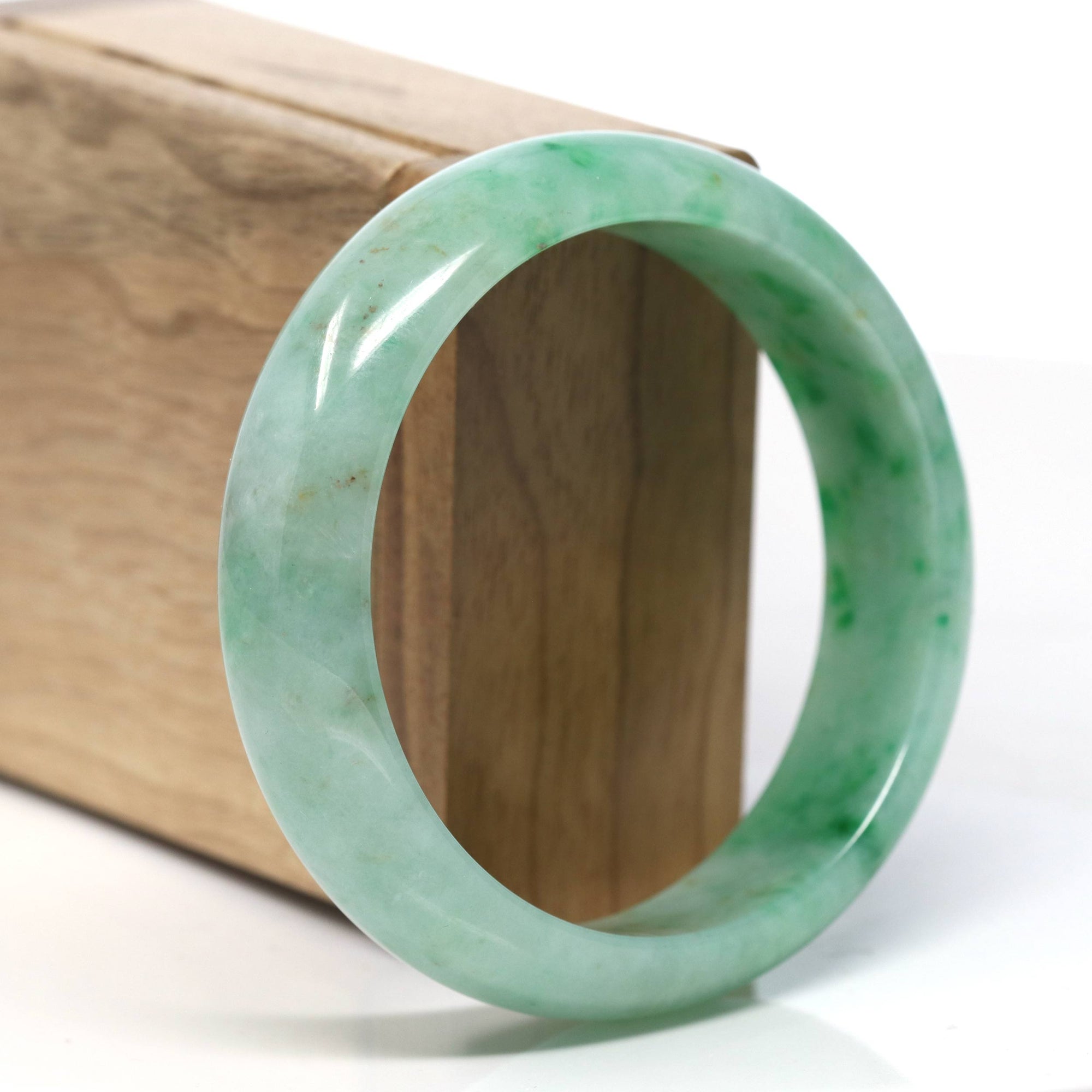 Baikalla Classic Green Natural Jadeite Jade Wider Bangle Bracelet (59.5mm) 