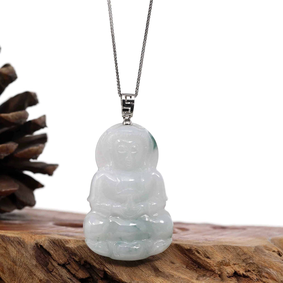 Baikalla Jewelry Jade Guanyin Pendant Necklace Copy of Copy of Copy of Copy of Copy of "Goddess of Compassion" Genuine Burmese Ice Blue Jadeite Jade Guanyin Necklace With Good Luck Design Sterling Silver Bail